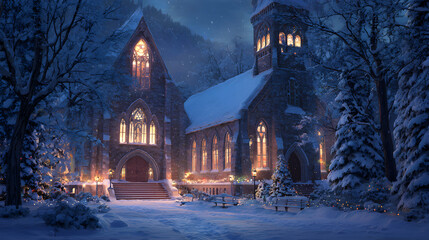 Snowy Chapel at Night