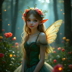 little flower woods fairy with fireflies