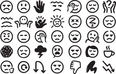 Black and White Outline Icons of Frustration, Stress, and Sadness