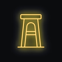 Bright yellow neon icon of bar stool glowing on black background