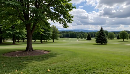 Naklejka premium Expansive Green Golf Course Landscape Under Dramatic Cloudy Sky in a Tranquil Natural Setting
