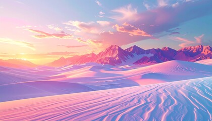 Dreamy landscape Snowy desert dunes meet distant mountains beneath a pastel pink and blue sky at sunset