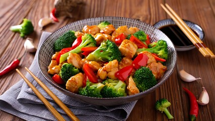 Chicken and broccoli stir fry in bowl