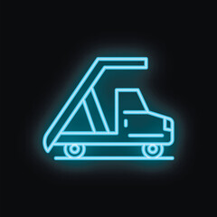 Blue neon icon of a tow truck glowing against a black background
