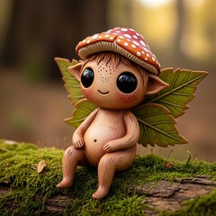 An adorable mushroom sprite with leaf wings sits peacefully on a mossy forest log