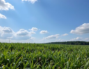 Obraz premium Expansive Green Corn Field Under Bright Blue Sky with Fluffy White Clouds on a Sunny Day