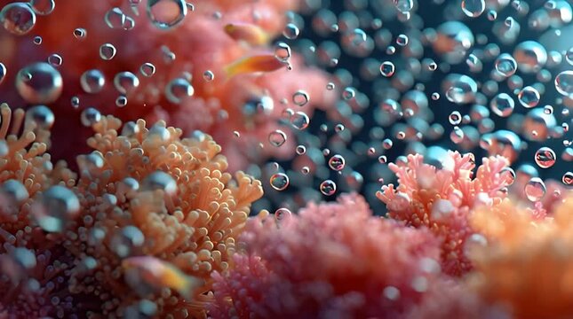 Soft Sunlit Macro Scene of Fish and Bubbles Around Coral