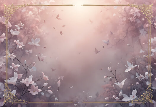 Pink flowers and butterflies with gold frame