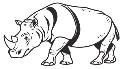 Fototapeta premium Black and white illustration of a rhinoceros standing on a with a large horn on its nose and a body covered in wrinkles