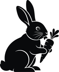 Cute rabbit holding carrot silhouette illustration, animal icon design, minimalist black white artwork, bunny mascot, nature wildlife concept