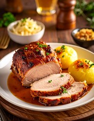 Knuspriger Schweinebraten, serviert mit goldbraunen Kn&ouml;deln und w&uuml;rzigem Sauerkraut
