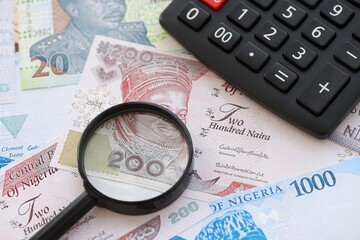 Nigerian naira currency money bills and calculator with magnifying glass close up. The concept of taxation and money count