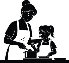 Mother and daughter cooking together silhouette family bonding kitchen learning black and white vector parenting lifestyle illustration concept