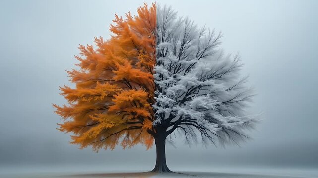 Autumn to Winter Transition: Single Tree Half Golden Leaves, Half Covered in Snow
