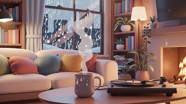 A warm and inviting living room interior featuring a crackling fireplace, plush sofa with colorful pillows, a record player, a steaming mug on a coffee table. Perfect for relaxation. Lofi animation