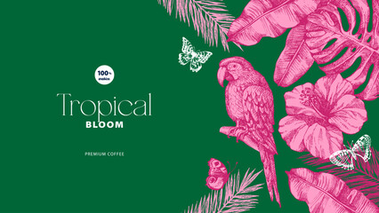 Vintage tropical background with exotic vibe. Parrot, tropical leaves, hibiscus, butterflies. Coffee, restaurant, food packaging, event decor concept. Hand drawn sketch vector illustration. © pim
