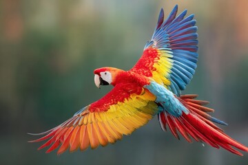 Fototapeta premium A parrot flies with wings spread wide, revealing bright colors of red, blue, and yellow. The scene shows a blurred natural background