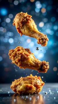 Dramatic Vertical Shot Fried Chicken Pieces Floating with Splashes