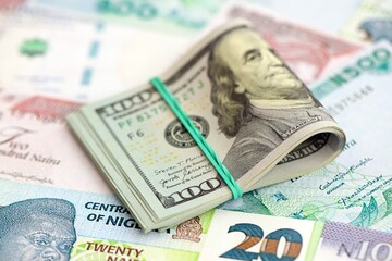 Nigerian naira currency money bills and bunch of us dollar banknotes close up. The concept of economics and currency exchange