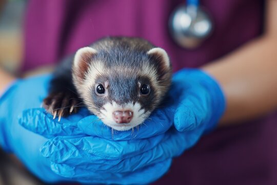 A person wearing blue gloves holds a ferret in their hands at a veterinary clinic during a care check for the animal