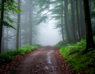 Fototapeta premium Misty Forest Path - Serene Woodland Trail Winding Through Verdant Trees on a Foggy Day