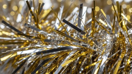 Macro close-up of gold and silver tinsel. Shiny metallic Christmas or New Year's Eve decoration. Festive holiday background with sparkling bokeh lights