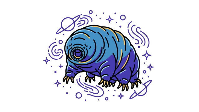 Cosmic blue pill bug curled up in space among planets and stars.