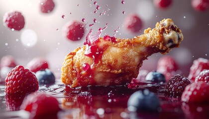 Fried Chicken Drumstick and Berries Splashing in Purple Liquid
