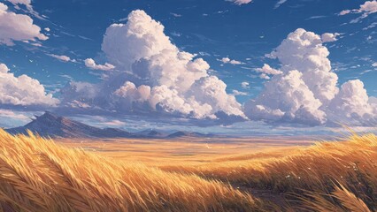 Golden Wheat Fields Under Blue Sky with Fluffy Clouds and Distant Mountains on the Horizon