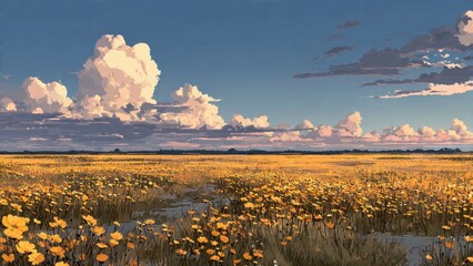 Vibrant Yellow Wildflower Field Under Blue Sky with White Clouds and Distant Horizon in Nature Scene