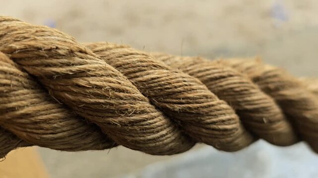 A detailed macro shot of a thick, twisted natural fiber rope. The camera pans along the rugged texture, highlighting the intricate braids and raw organic fibers. Perfect for concepts of strength
