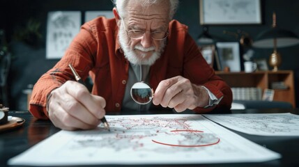 a person's hands, illuminated only by a desk lamp, carefully examining a detailed architectural blueprint with a magnifying glass