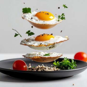 Levitating Fried Eggs with Cherry Tomatoes on a Black Plate