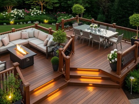 Completed luxury backyard deck with outdoor furniture and warm natural lighting, showcasing high-quality craftsmanship, promotional website photo.