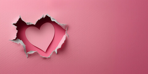 Pink Paper Background with Torn Heart Shape on Left Side Inner Paper Heart Romantic Valentine Concept Minimal Layout with Copy Space Layered Paper Texture