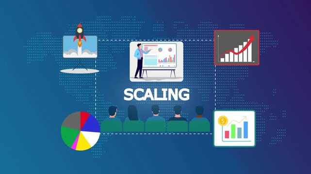 Business growth scaling presentation project animation demonstrating expansion methods, operational growth, and capacity development.