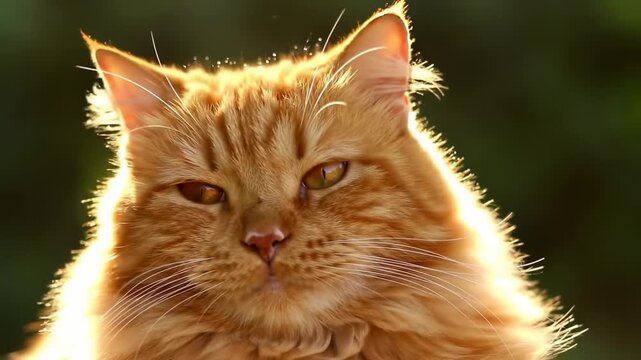 Close-up of a fluffy orange tabby cat with amber eyes and a slightly grumpy expression, backlit by sunlight
