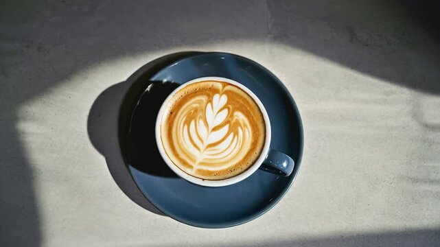 Coffee cup with latte art on a gray surface in natural light  