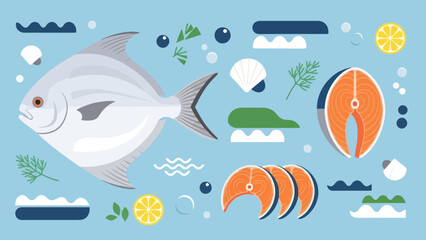 Obraz premium Fresh seafood collection featuring fish salmon shrimp lemon and ice