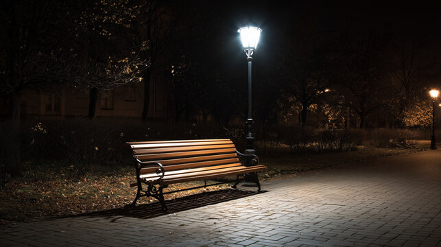 Park bench lamppost night urban street light empty solitude autumn pathway outdoor dark quiet metal wood shadow city loneliness evening calm bench illumination park streetlight empty bench night