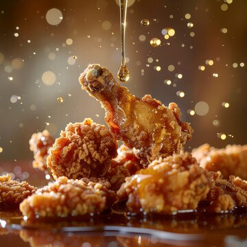 Stack of Fried Chicken Drumsticks with Dripping Golden Glaze