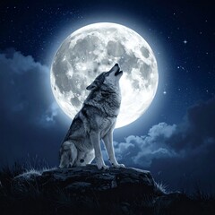 Lone wolf howls under moonlight dramatic night scene nature illustration