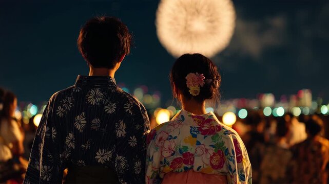 浴衣姿の日本人カップルが見上げる、夏の花火
