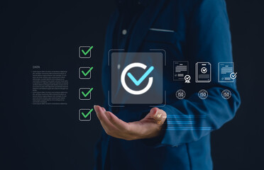 business professional presenting digital checkmarks and certification icons, symbolizing quality assurance, standards compliance, efficient verification in modern organizational processes.