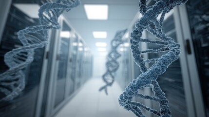 DNA Double Helix Floating in Data Server Room Corridor