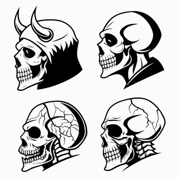 Four black and white skull illustrations in profile 1