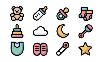 Newborn baby accessories flat vector icons set illustration, easily editable.