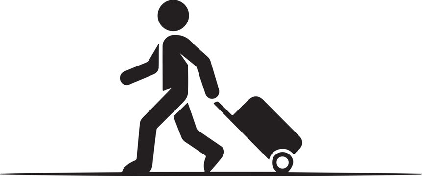 Black silhouette of a person pulling a suitcase on wheels walking
