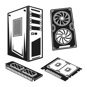 Computer hardware icons set black silhouette computer case