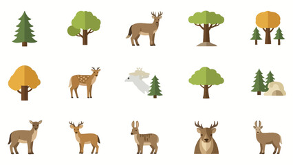 Fototapeta premium Vector Icons Representing Deer and Trees in a Natural Forest Environment
